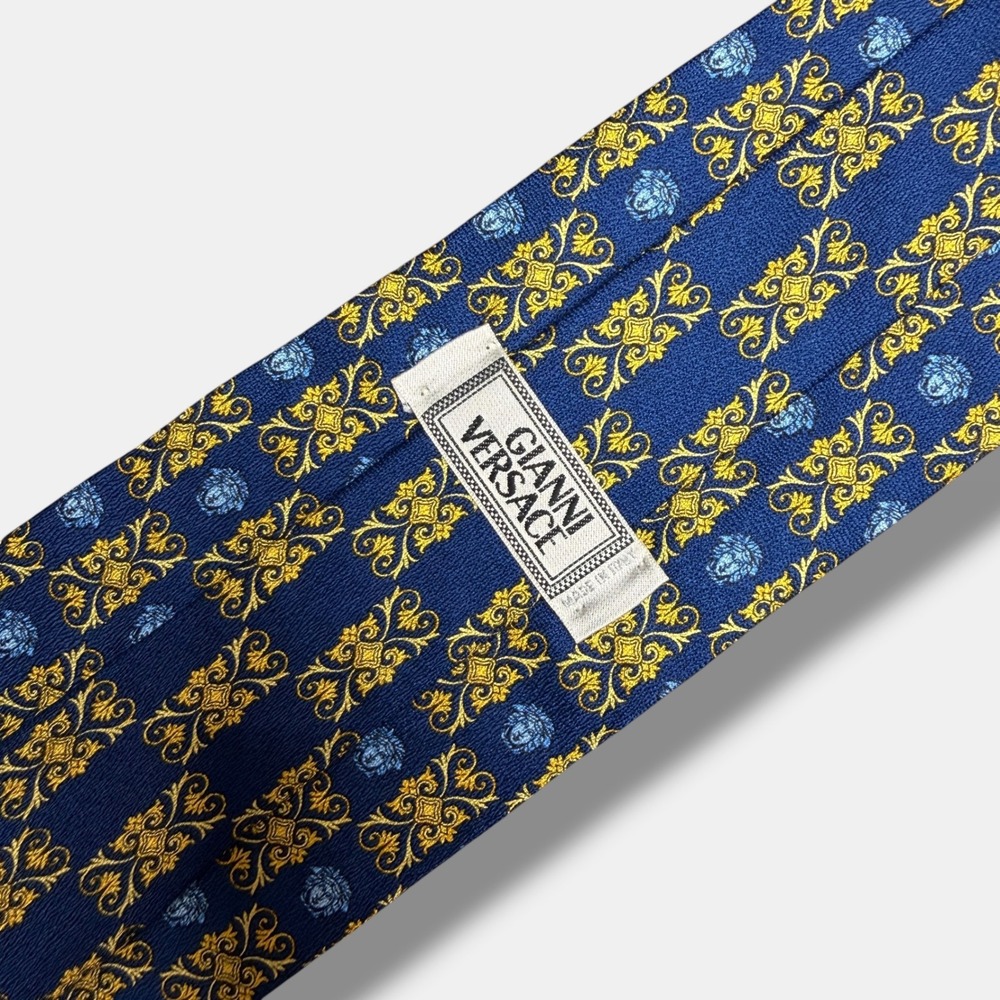 Gianni Versace Tie Mens OS Navy Blue Gold Baroque Medusa Head Silk Made in Italy